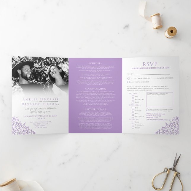 Invitation Trois Volets Monogramme blanc violet feuille mariage tout-en-un (Intérieur)
