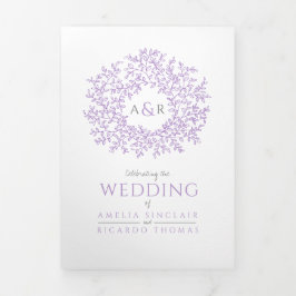 Invitation Trois Volets Monogramme blanc violet feuille mariage tout-en-un