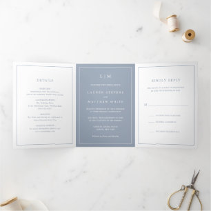 Invitation Trois Volets Monogramme bleu foncé simple Mariage élégant