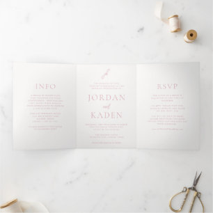 Invitation Trois Volets Monogramme de mariage élégant en écriture rose
