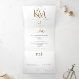 Invitation Trois Volets Monogramme d'or blanc moderne tout en un Mariage T