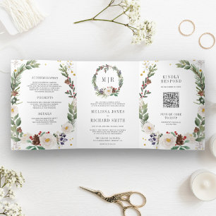 Invitation Trois Volets Monogramme floral de Noël rustique QR Code Mariage