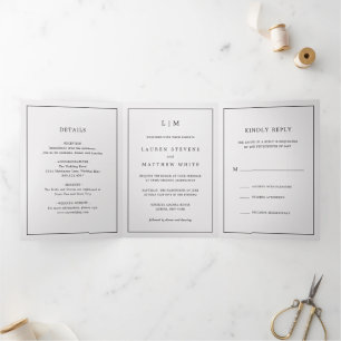 Invitation Trois Volets Monogramme gris clair simple Mariage élégant