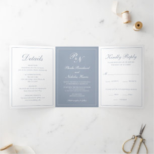 Invitation Trois Volets Monogramme officiel Photo Dusty Bleu élégant maria