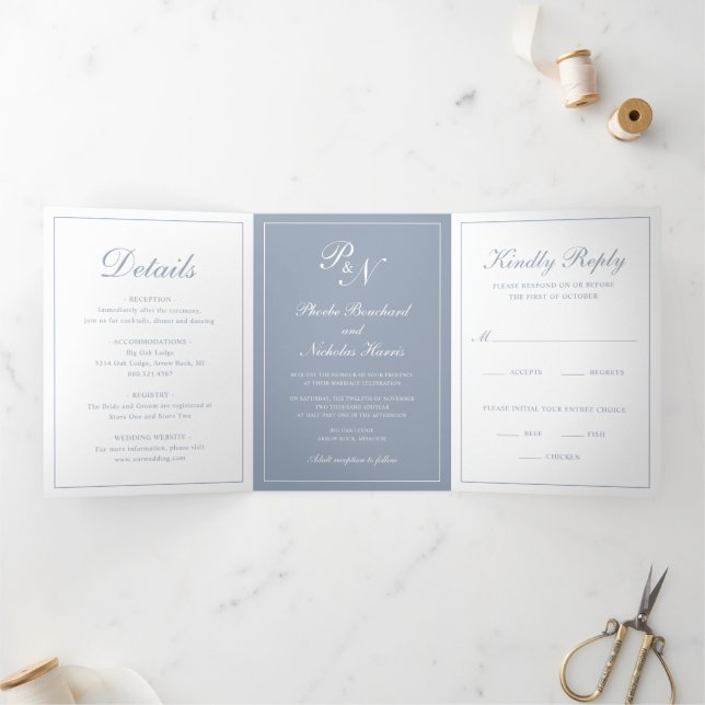 Invitation Trois Volets Monogramme officiel Photo Dusty Bleu élégant maria (Intérieur)