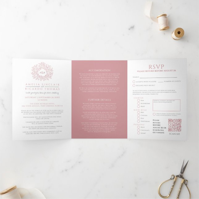 Invitation Trois Volets Monogramme rose poussiéreux feuille mariage tout-e (Intérieur)