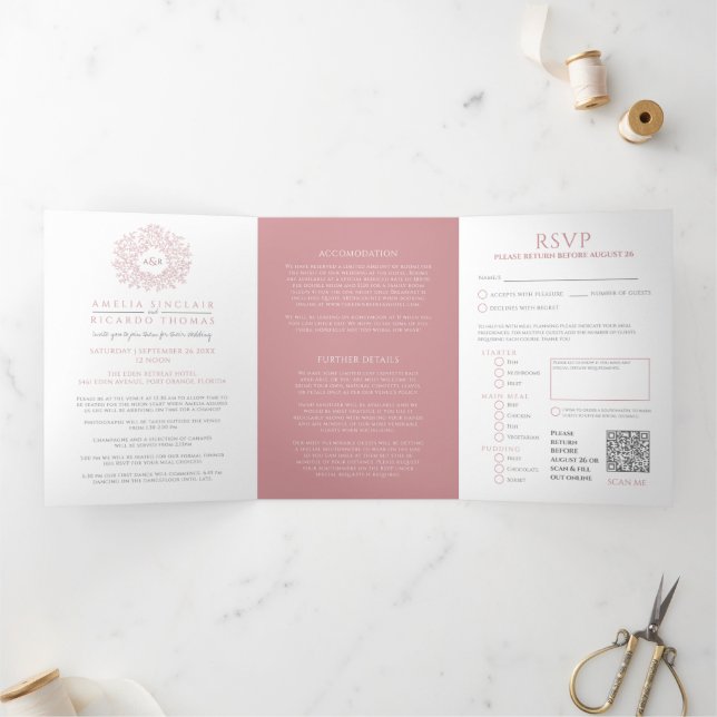 Invitation Trois Volets Monogramme rose poussiéreux feuille mariage tout-e (Intérieur)