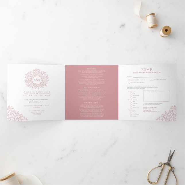 Invitation Trois Volets Monogramme rose poussiéreux feuille mariage tout-e (Intérieur)