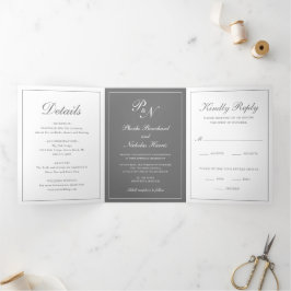 Invitation Trois Volets Monogramme traditionnel Mariage officiel photo gri