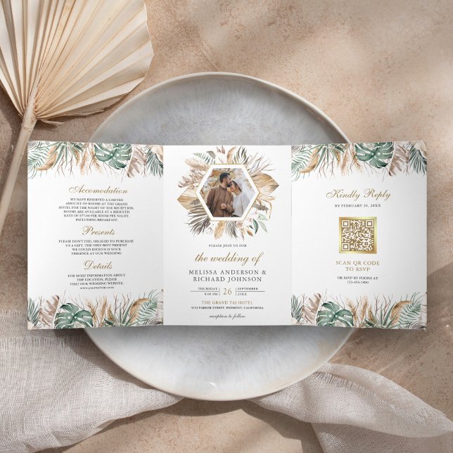 Invitation Trois Volets Monstera Boho Pampas All in One QR Code Mariage (Créateur téléchargé)