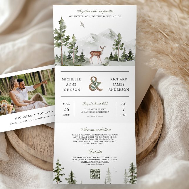 Invitation Trois Volets Mountain Forest Deer QR Code Photo Collage Wedding (Créateur téléchargé)