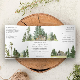 Invitation Trois Volets Mountain Forest Lodge Log Cabine tout en un Mariag