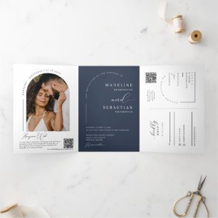 Invitation Trois Volets Navy Modern Minimal Arch Photo QR Code Wedding