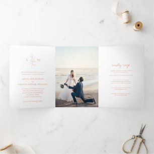 Invitation Trois Volets Nettoyer Pêche Botanique Photo Mariage élégant