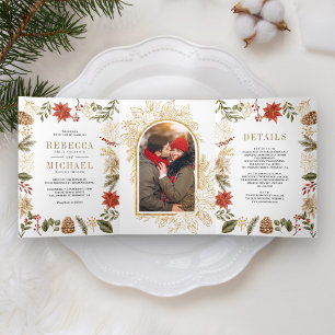 Invitation Trois Volets Noël Fleur de l'Or Rouge Tout en Un Mariage