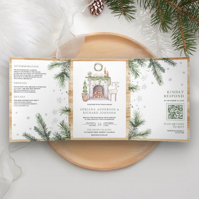 Invitation Trois Volets Noël scandinave tout en un Code QR Mariage (Inside)