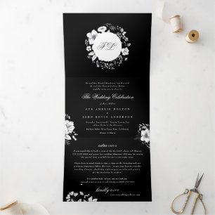 Invitation Trois Volets Noir Élégante Calligraphie Monogramme Floral Maria