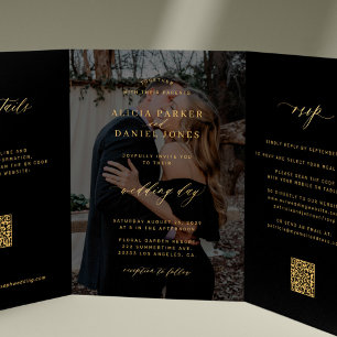 Invitation Trois Volets Noir or photo mariage RSVP détails QR code