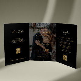 Invitation Trois Volets Noir or photo mariage RSVP détails QR code