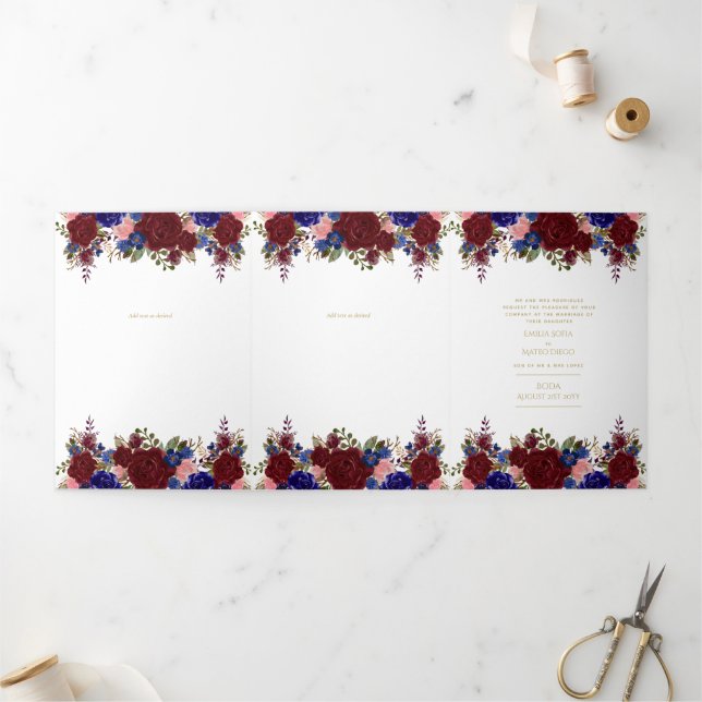 Invitation Trois Volets Nuestra Boda Bourgogne Blue Floral Wedding Invitat (Extérieur)