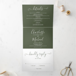Invitation Trois Volets Olive Green Elegant moderne Mariage de script de p