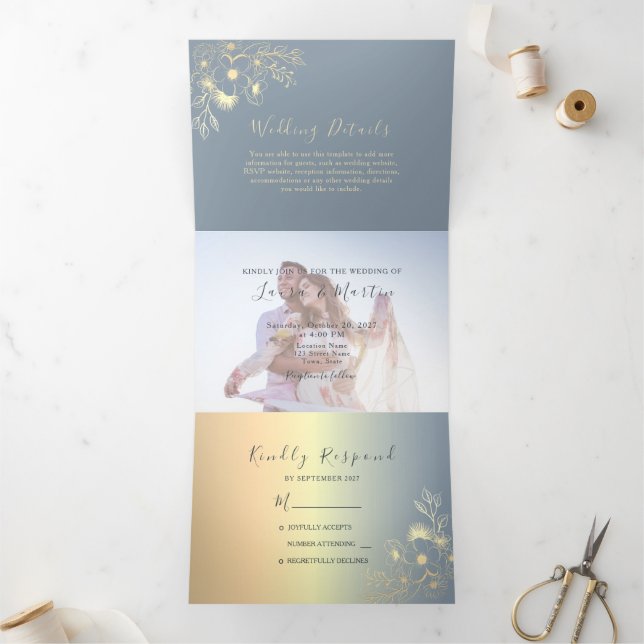 Invitation Trois Volets Or Bleu Poussiéreux Fleur Photo Mariage (Intérieur)
