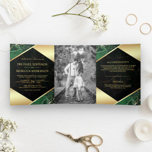 Invitation Trois Volets Or Géométrique Marbre Émeraude Vert Photo Mariage
