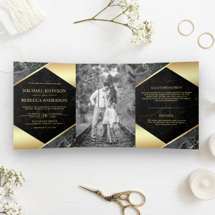 Invitation Trois Volets Or Géométrique Marbre Gris Charbon Photo Mariage