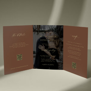Invitation Trois Volets Or photo mariage RSVP détails QR or en or brun cui
