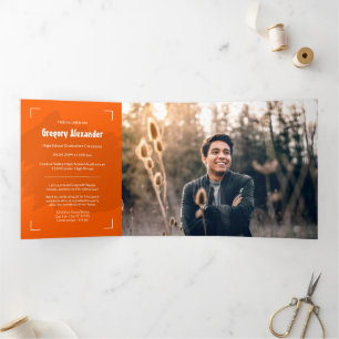 Invitation Trois Volets Orange Edgy Abstrait Brushstroke Photo Graduation