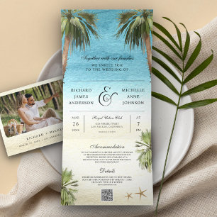 Invitation Trois Volets Palmiers tropicaux Plage moderne QR Code Mariage