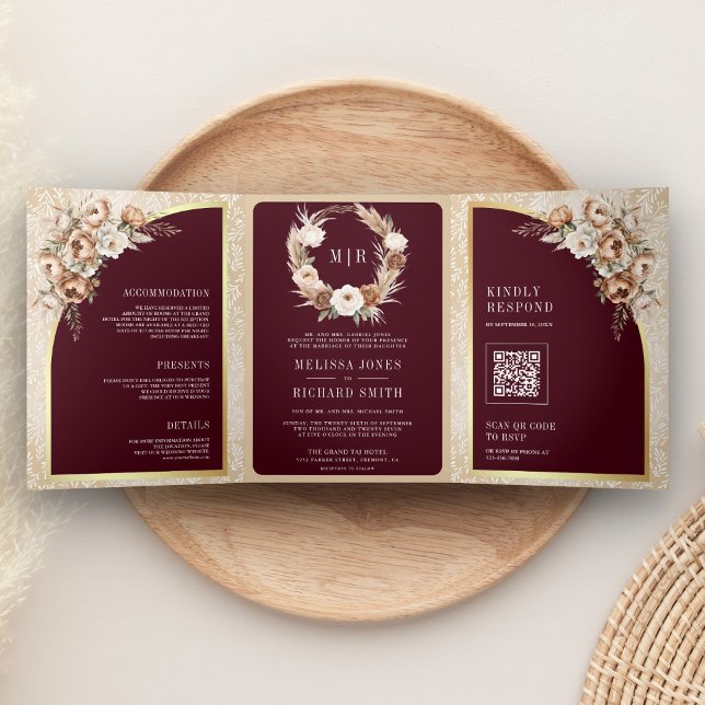 Invitation Trois Volets Pampas Beige Earthy Floral Burgundy Wedding (Créateur téléchargé)