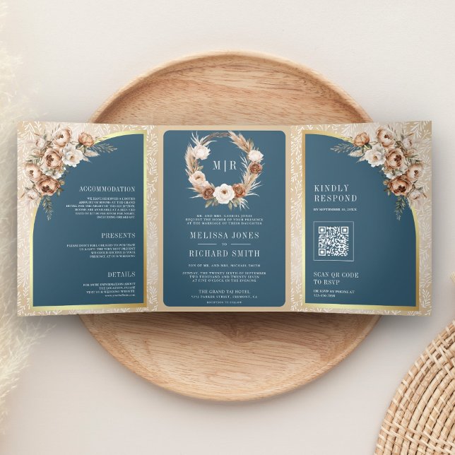 Invitation Trois Volets Pampas Beige Earthy Floral Dusty Blue Wedding (Créateur téléchargé)