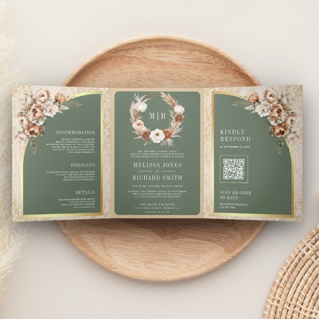 Invitation Trois Volets Pampas Beige Earthy Floral Sage Green Wedding (Créateur téléchargé)