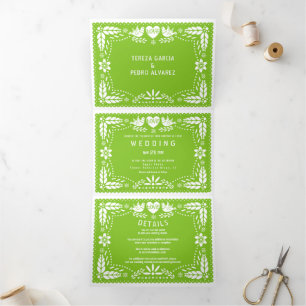 Invitation Trois Volets Pape vert picado inséparables mariage