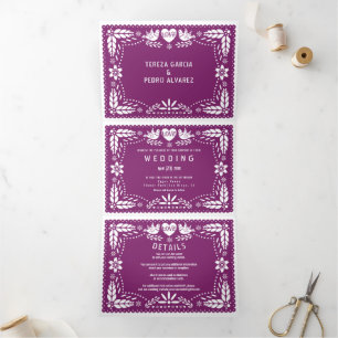 Invitation Trois Volets Pape violet picado inséparables mariage
