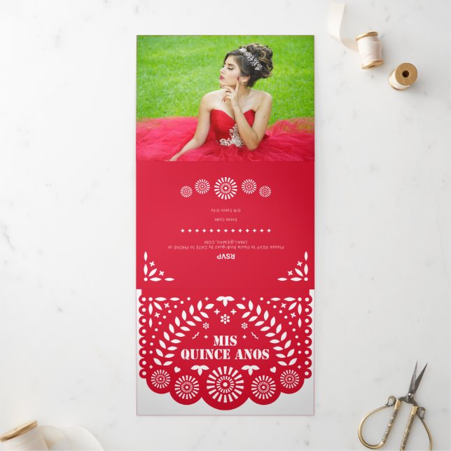 Invitation Trois Volets Papier rouge Picado Mis Quince Años (Extérieur)