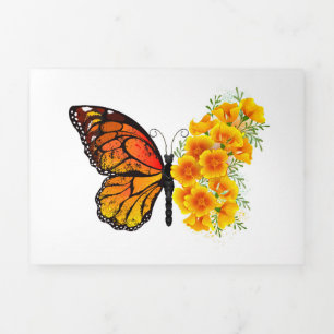 Invitation Trois Volets Papillon Fleur avec Pavot de Californie Jaune