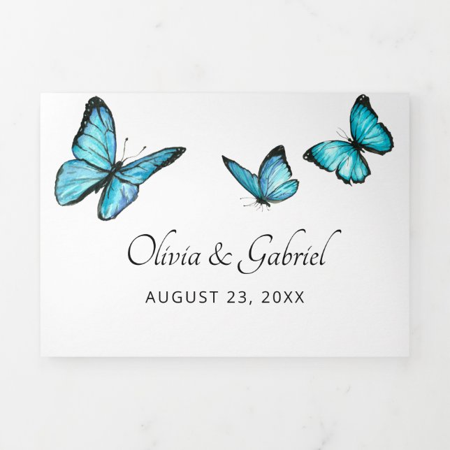 Invitation Trois Volets Papillons de luxe bleu. Elégant Mariage aéré (Page de couverture)