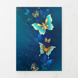 Invitation Trois Volets Papillons d'or sur un Arrière - plan bleu