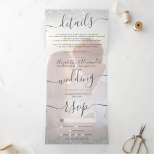 Invitation Trois Volets Parties scintillant argent ombre blanc script phot