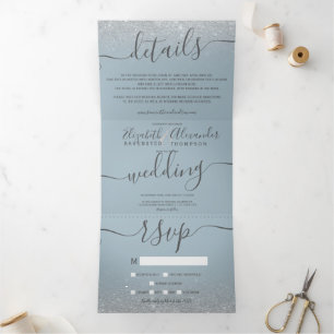 Invitation Trois Volets Parties scintillant argent ombre bleu sombre maria