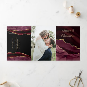 Invitation Trois Volets Parties scintillant d'or Bourgogne Mariage d'âge