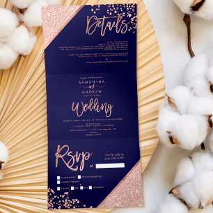 Invitation Trois Volets parties scintillant d'or rose confetti bleu marine