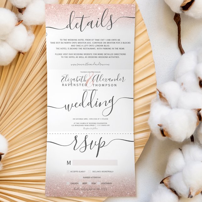 Invitation Trois Volets parties scintillant d'or rose ombre script blanc c (Créateur téléchargé)
