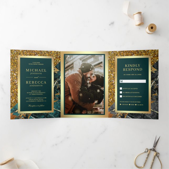 Invitation Trois Volets Parties scintillant d'or Turquoise marbre Mariage  (Intérieur)