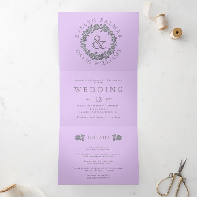 Invitation Trois Volets Parties scintillant en argent rose mariage lavande (Intérieur)