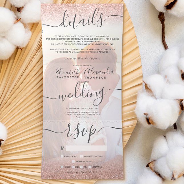 Invitation Trois Volets parties scintillant en or rose ombre blanc script  (Créateur téléchargé)
