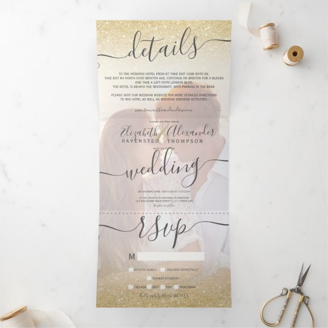 Invitation Trois Volets Parties scintillant or chic ombre blanc script pho (Intérieur)