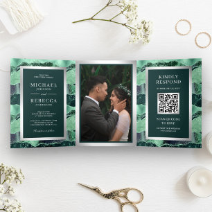 Invitation Trois Volets Parties scintillant verte mer Agate Marbre QR Code